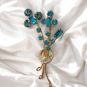 Vintage Gold Tone Blue Rhinestone Flower Floral Spray Brooch/Pin
